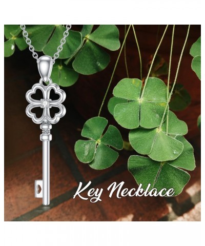 925 Sterling Silver Key Necklace Lab Grown Diamond Four Leaf Clover Pendant Gift for Women Girls $29.28 Necklaces