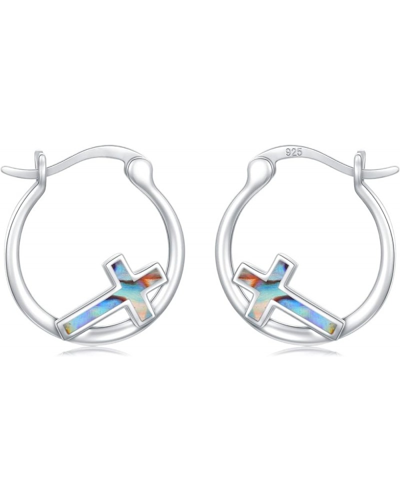 Cross Hoop Earrings for Women 925 Sterling Silver Cross Earrings with Abalone Shell Jewelry Gifts for Women Girls Silver-Abal...