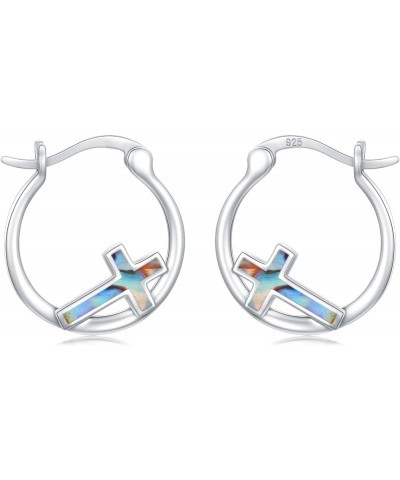 Cross Hoop Earrings for Women 925 Sterling Silver Cross Earrings with Abalone Shell Jewelry Gifts for Women Girls Silver-Abal...