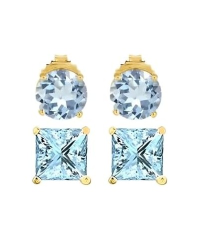 18k Yellow Gold 2 Pair Created Aquamarine 6mm Round & Princess Cut Stud Earrings Plated $9.45 Earrings