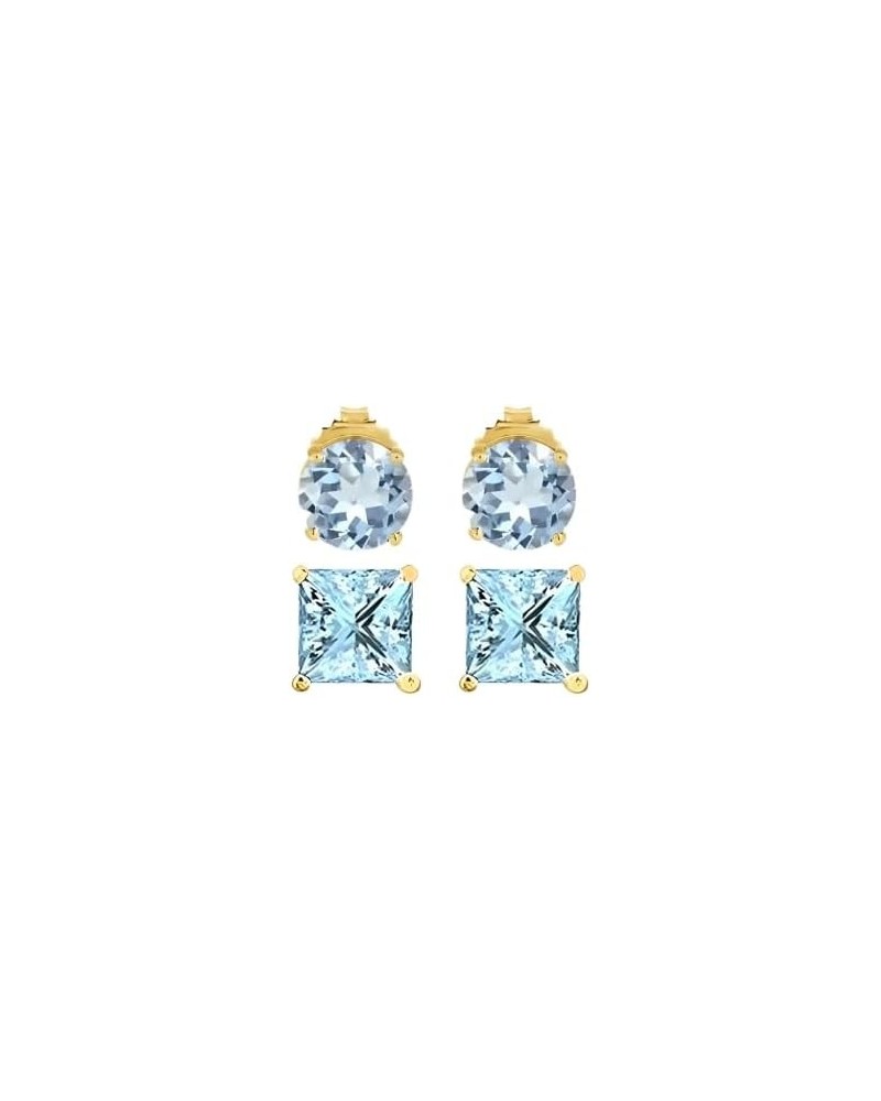 18k Yellow Gold 2 Pair Created Aquamarine 6mm Round & Princess Cut Stud Earrings Plated $9.45 Earrings