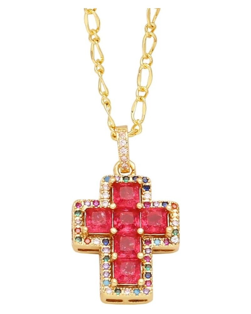 Ornate Gold Plated Colorful Rhinestone Cross Pendant Necklace for Women, Pink Red Blue Green Crystal Cross Link Chain Necklac...