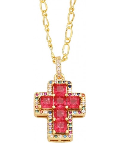 Ornate Gold Plated Colorful Rhinestone Cross Pendant Necklace for Women, Pink Red Blue Green Crystal Cross Link Chain Necklac...