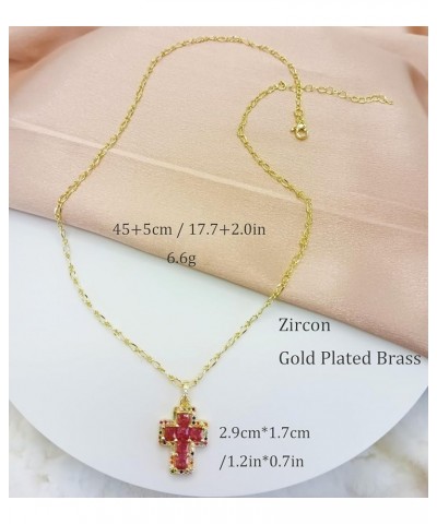 Ornate Gold Plated Colorful Rhinestone Cross Pendant Necklace for Women, Pink Red Blue Green Crystal Cross Link Chain Necklac...