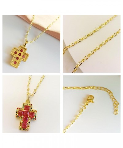 Ornate Gold Plated Colorful Rhinestone Cross Pendant Necklace for Women, Pink Red Blue Green Crystal Cross Link Chain Necklac...