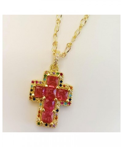 Ornate Gold Plated Colorful Rhinestone Cross Pendant Necklace for Women, Pink Red Blue Green Crystal Cross Link Chain Necklac...