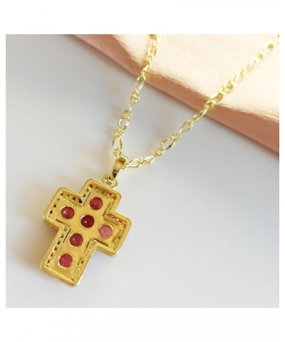 Ornate Gold Plated Colorful Rhinestone Cross Pendant Necklace for Women, Pink Red Blue Green Crystal Cross Link Chain Necklac...