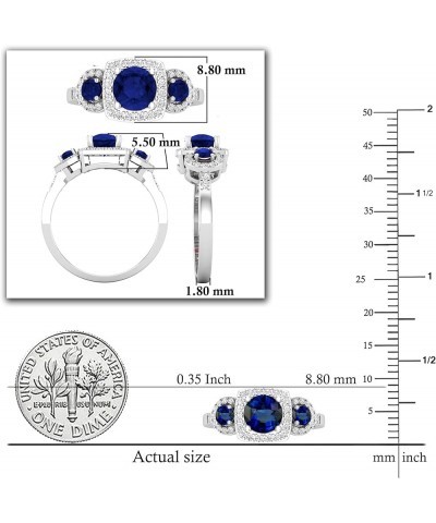 Round Lab Created Gemstone & Natural White Diamond Ladies 3 Stone Halo Style Engagement Ring, 925 Sterling Silver Lab Created...