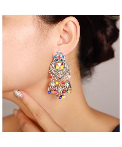 Women Ethic Jhumka Jhumki Red Beads Indian Earrings Bollywood Stylish Tassels Drop Retro Silver Earrings Colorful Silver $10....