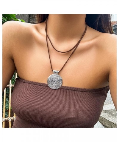 Leather Cord Necklace Chain Multilayer Wooden Pendant Necklaces Vintage Jewelry Boho Long Sweater Necklace for Women Teens an...