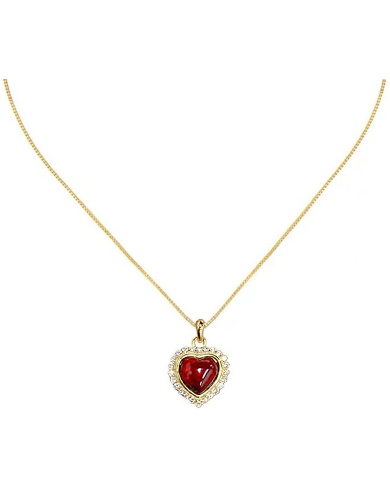 Dainty Red Heart Love CZ Pendant Necklace for Women Girls 925 Sterling Silver 18K Gold Plated Healing Agate Crystal Choker Ja...