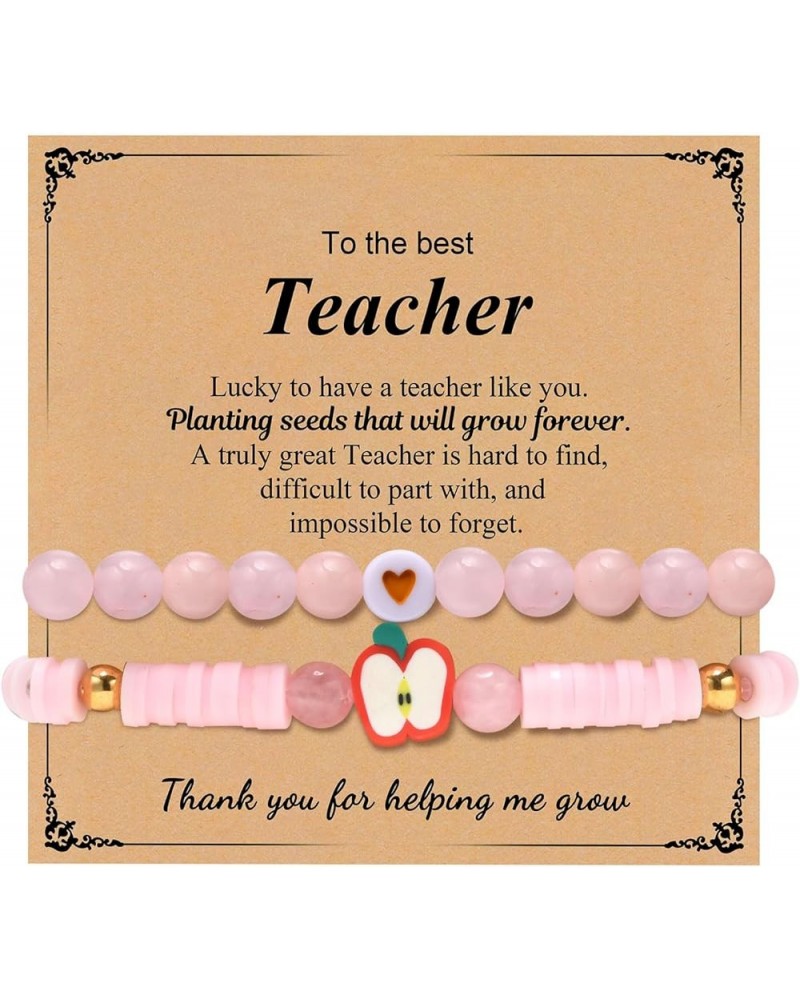 Teacher Appreciation Bracelets Gifts for Women, 2 Pcs Gold Beaded Clay Bead Natural Stone Love Handmade Elastic Bracelets, Bi...