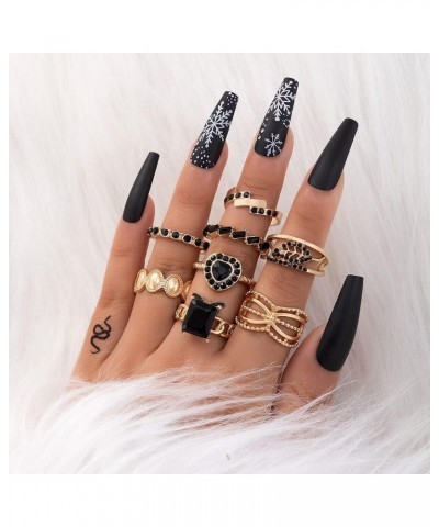 Vintage Black Crystal Knuckle Finger Rings Stackable Love Leaf Gemstone Rings Gold Finger Mid Rings Set for Women and Girls (...