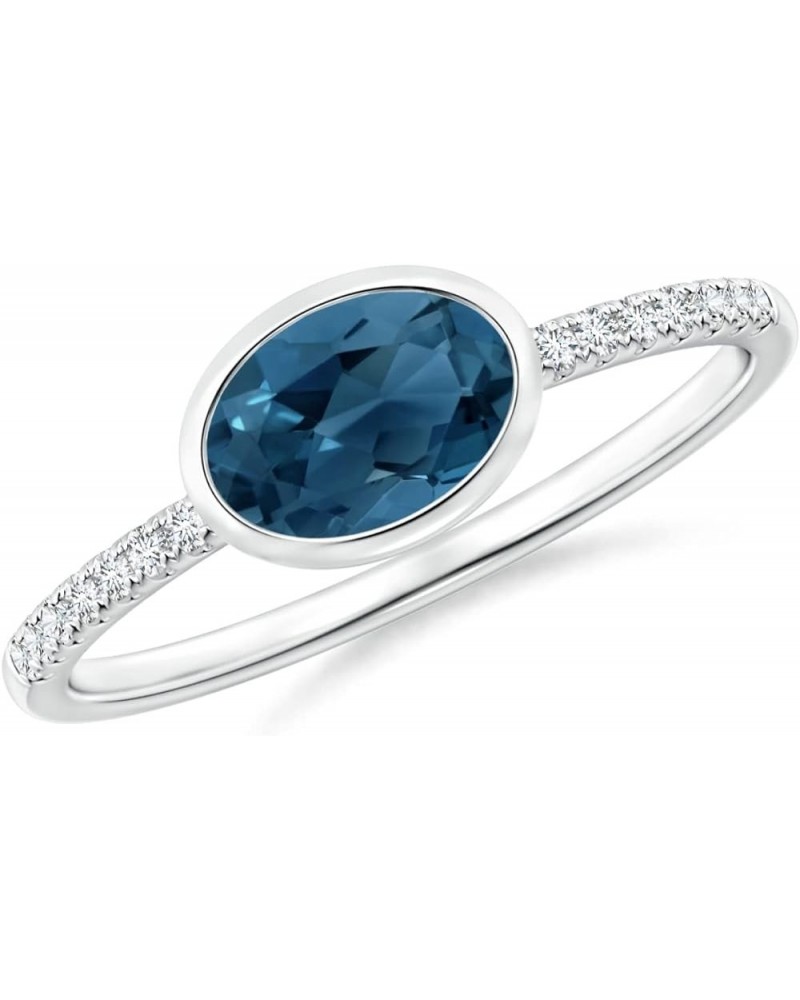 London Blue Topaz Bezel Set Oval 7x5mm East-West Ring With Side Accents | Sterling Silver 925 With Rhodium Plated | Beautiful...