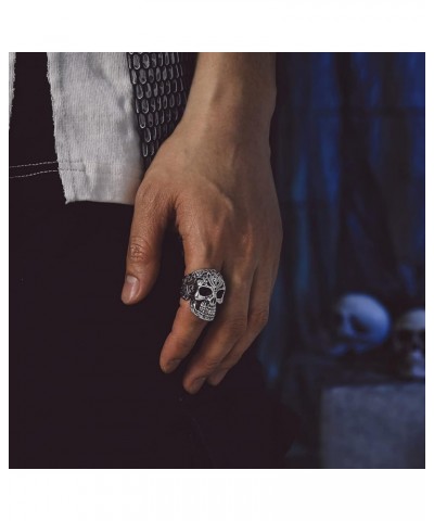 Mens Skull Rings, Stainless Steel Skull Skeleton Band Rings for Men Women Sugar Skull/Flame Skull/Full Skull Ring Gothic Punk...