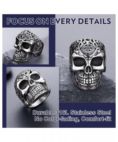 Mens Skull Rings, Stainless Steel Skull Skeleton Band Rings for Men Women Sugar Skull/Flame Skull/Full Skull Ring Gothic Punk...