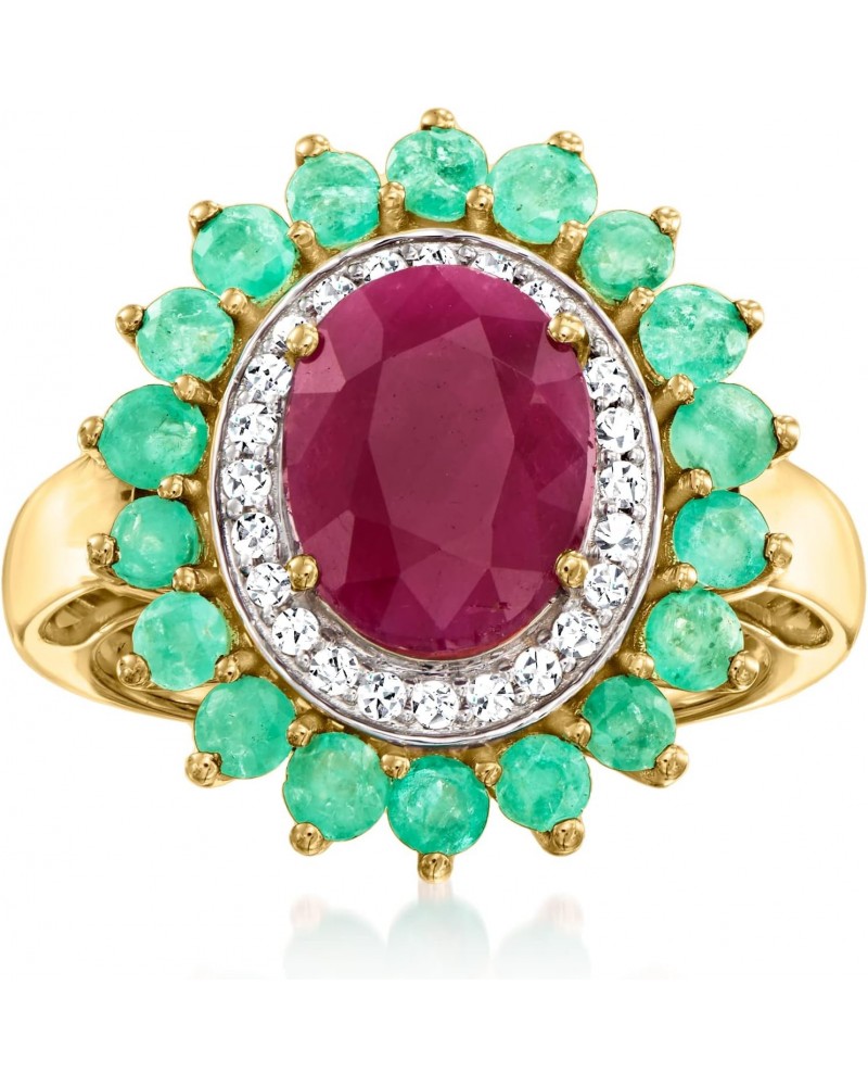 3.30 Carat Ruby Ring With 1.00 ct. t.w. Emeralds and .19 ct. t.w. Diamonds in 14kt Yellow Gold. Size 8 $376.20 Rings