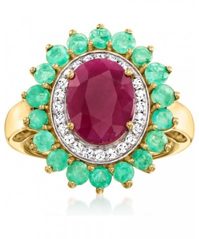 3.30 Carat Ruby Ring With 1.00 ct. t.w. Emeralds and .19 ct. t.w. Diamonds in 14kt Yellow Gold. Size 8 $376.20 Rings