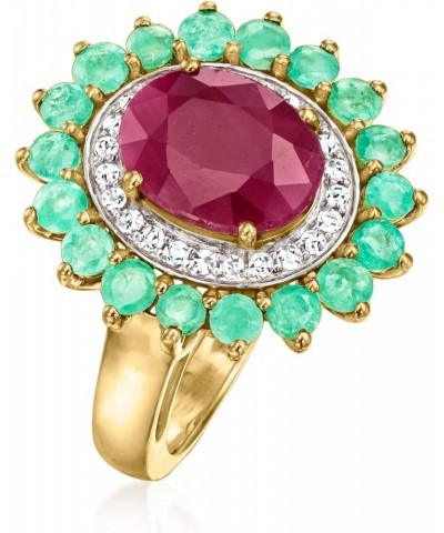 3.30 Carat Ruby Ring With 1.00 ct. t.w. Emeralds and .19 ct. t.w. Diamonds in 14kt Yellow Gold. Size 8 $376.20 Rings