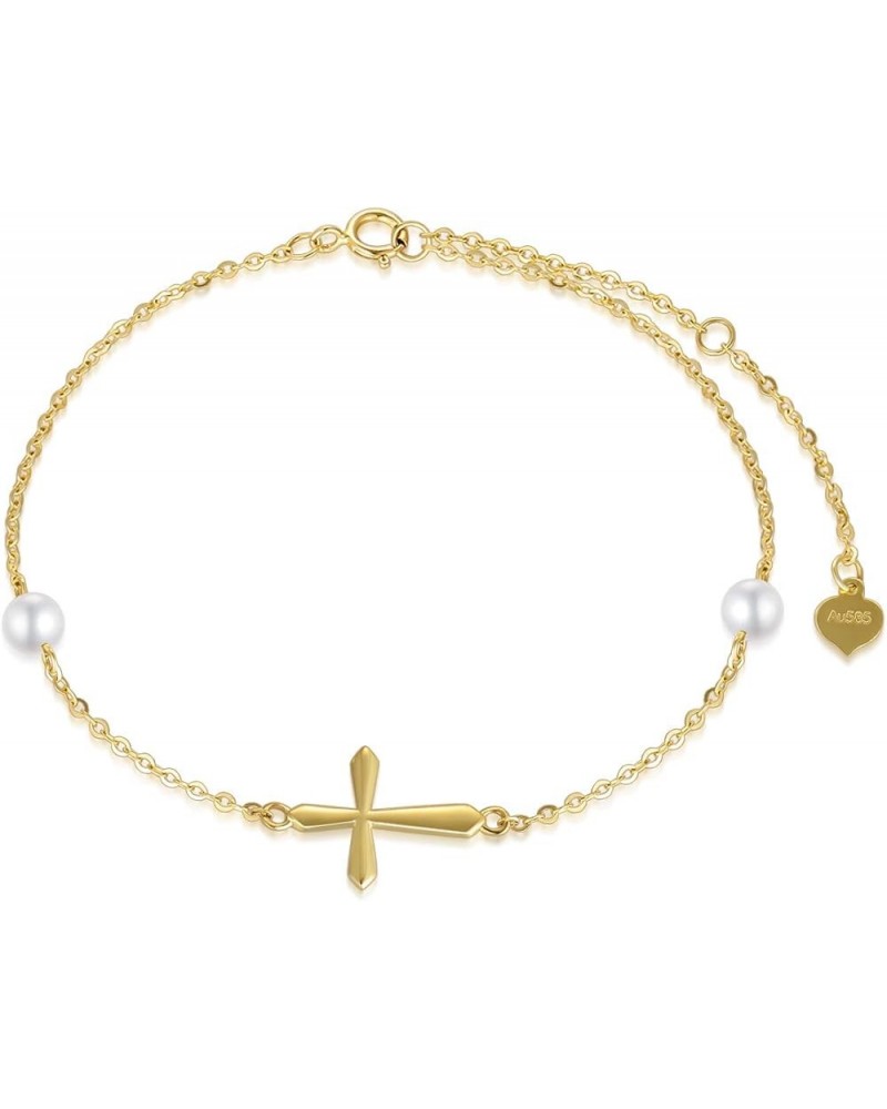 14k Gold Cross Anklets for Women, Real Pearl Religious Ankle Bracelet Gifts for Her, 9.4"+0.8"+0.8 Yellow Gold $81.48 Anklets