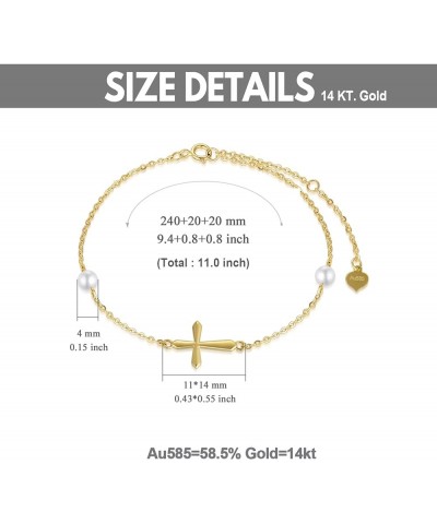 14k Gold Cross Anklets for Women, Real Pearl Religious Ankle Bracelet Gifts for Her, 9.4"+0.8"+0.8 Yellow Gold $81.48 Anklets