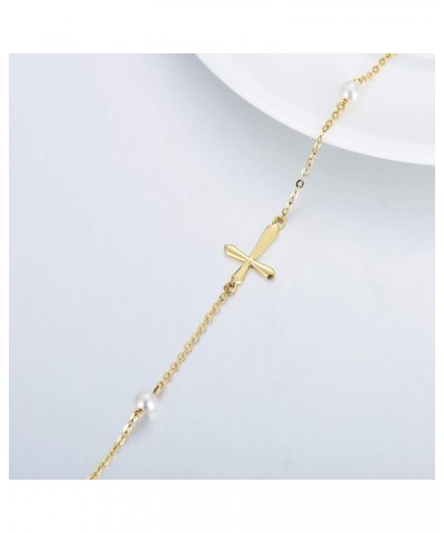 14k Gold Cross Anklets for Women, Real Pearl Religious Ankle Bracelet Gifts for Her, 9.4"+0.8"+0.8 Yellow Gold $81.48 Anklets