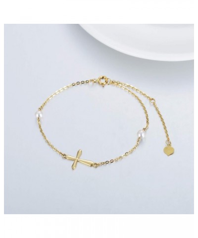 14k Gold Cross Anklets for Women, Real Pearl Religious Ankle Bracelet Gifts for Her, 9.4"+0.8"+0.8 Yellow Gold $81.48 Anklets