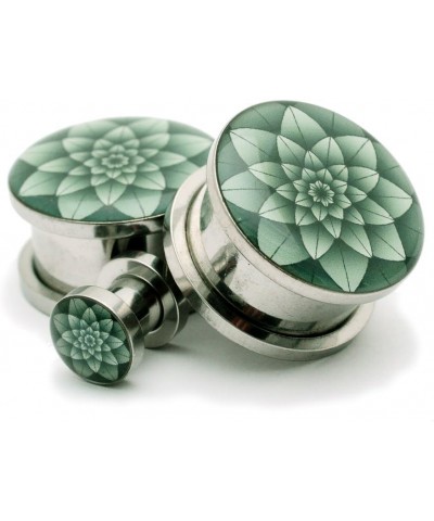 Screw on Plugs - Green Lotus Picture Plugs - Sold As a Pair 8g (3mm) $10.31 Body Jewelry