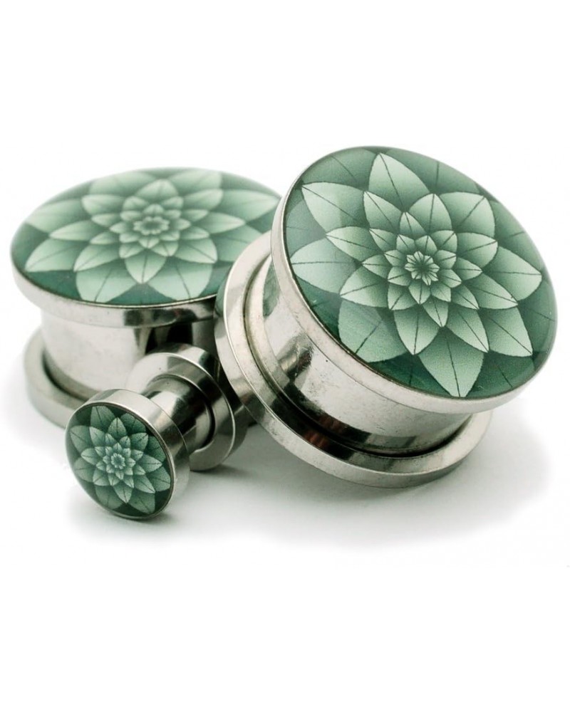 Screw on Plugs - Green Lotus Picture Plugs - Sold As a Pair 8g (3mm) $10.31 Body Jewelry