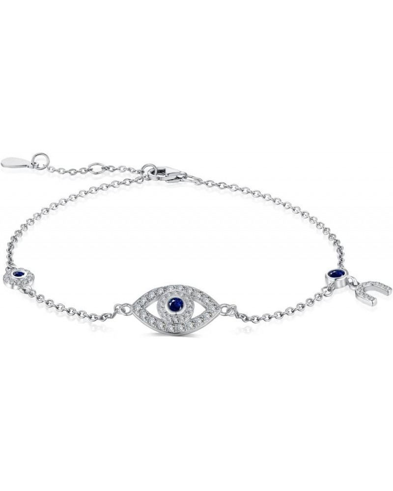 Women's 14K Gold Evil Eye Bracelet with Natural Sapphire Gemstone,Delicate Adjustable Chain Moissanite Bracelet Featuring Rou...