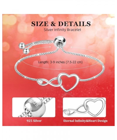 Infinity Bracelet, S925 Silver Bracelet with 5A Cubic Zirconia Heart Silver Bracelets for Women Adjustable Bracelet for Women...