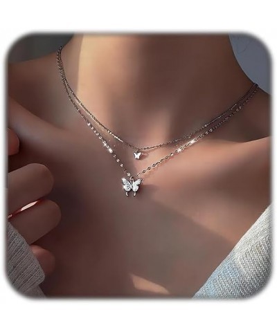 Layered Crystal Butterfly Necklace for Women Silver Rhinestone Butterfly Choker Necklace Double Chain Necklace Jewelry for Pa...