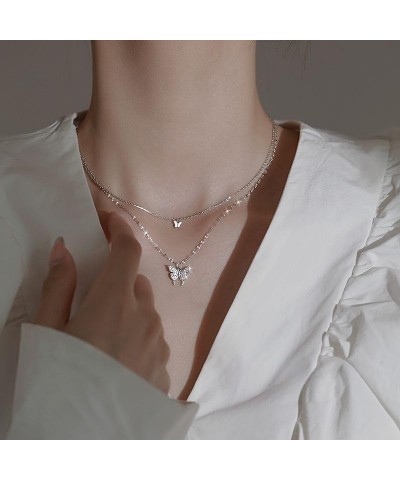 Layered Crystal Butterfly Necklace for Women Silver Rhinestone Butterfly Choker Necklace Double Chain Necklace Jewelry for Pa...