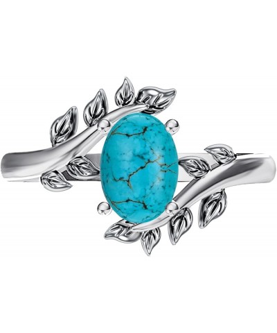 Genuine Turquoise Ring for Women Western Oval Gemstone Jewelry 925 Sterling Silver Leaf Bohemian Boho Gift for Her Wife Mom T...