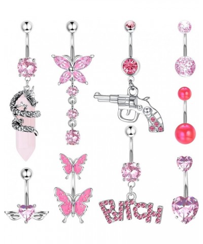 14G Belly Button Rings Dangle Stainless Steel Navel Rings Pink CZ Heart Butterfly Belly Rings Dangling Belly Piercing Jewelry...