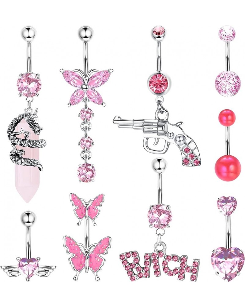 14G Belly Button Rings Dangle Stainless Steel Navel Rings Pink CZ Heart Butterfly Belly Rings Dangling Belly Piercing Jewelry...