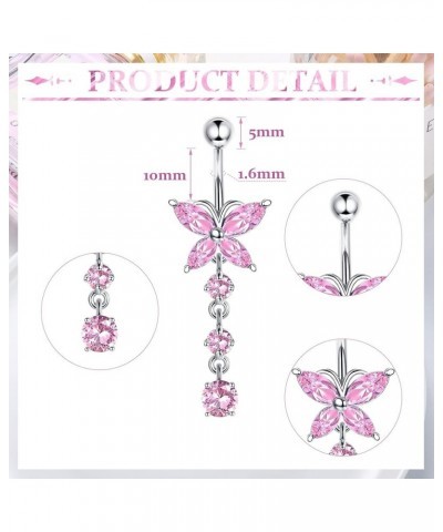 14G Belly Button Rings Dangle Stainless Steel Navel Rings Pink CZ Heart Butterfly Belly Rings Dangling Belly Piercing Jewelry...