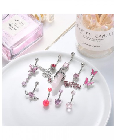 14G Belly Button Rings Dangle Stainless Steel Navel Rings Pink CZ Heart Butterfly Belly Rings Dangling Belly Piercing Jewelry...