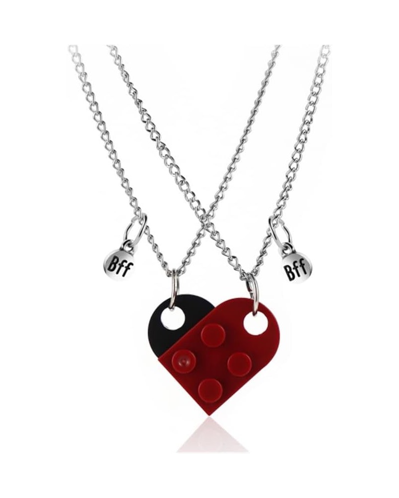 2Pcs Colorful Bricks Assembled BFF Pendant Necklace, Heart Shape Matching Geometric Block Charms Compatible with Building Blo...