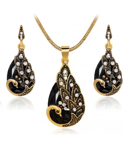 Women Gift Vintage Gold Plated Green Peacock Jewelry Set Pendant Necklace Earrings black $10.06 Jewelry Sets