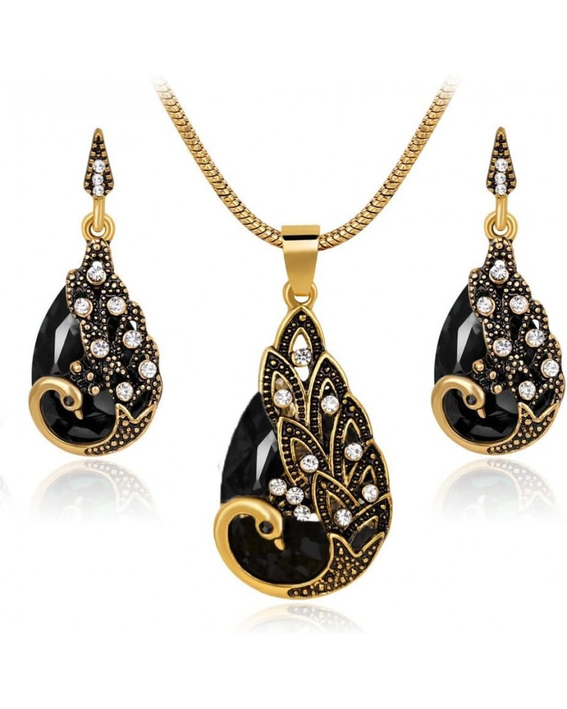 Women Gift Vintage Gold Plated Green Peacock Jewelry Set Pendant Necklace Earrings black $10.06 Jewelry Sets