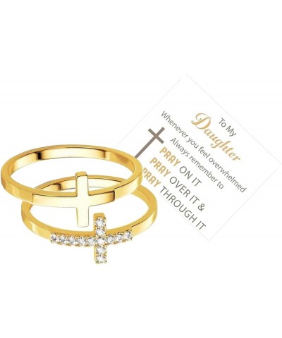 Let Go And Let God Ring For Women, To My Daughter 2pcs/Set Pray On It Golden Cross Stackable Cubic Zirconia Simple Finger Gif...