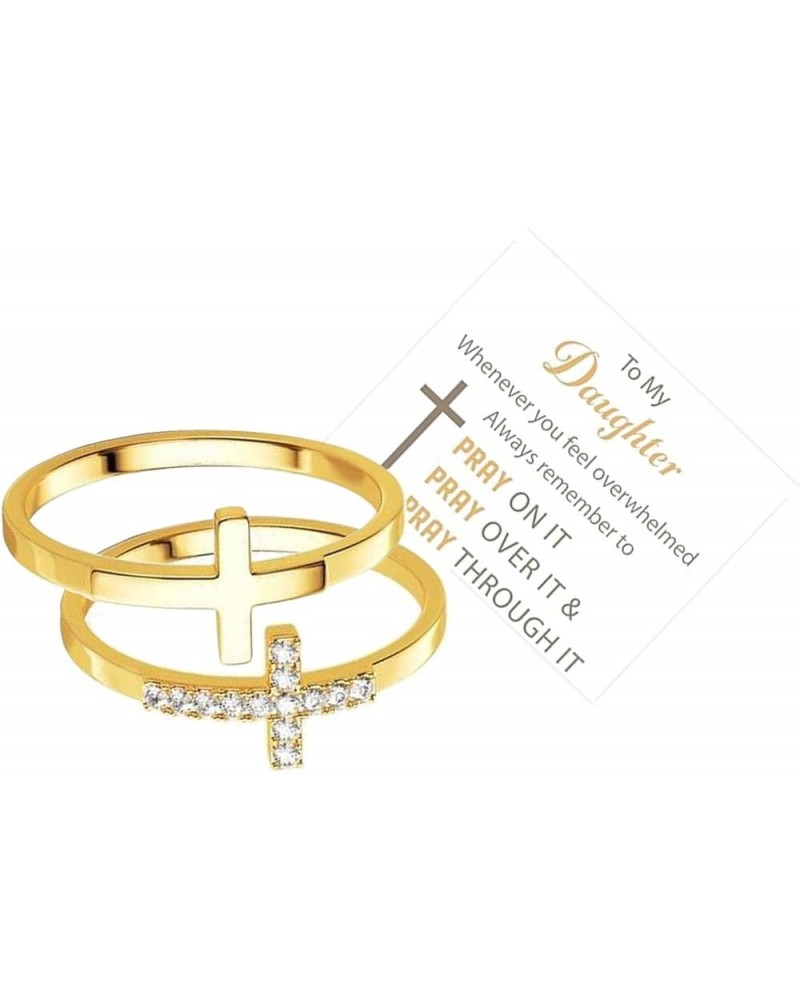 Let Go And Let God Ring For Women, To My Daughter 2pcs/Set Pray On It Golden Cross Stackable Cubic Zirconia Simple Finger Gif...