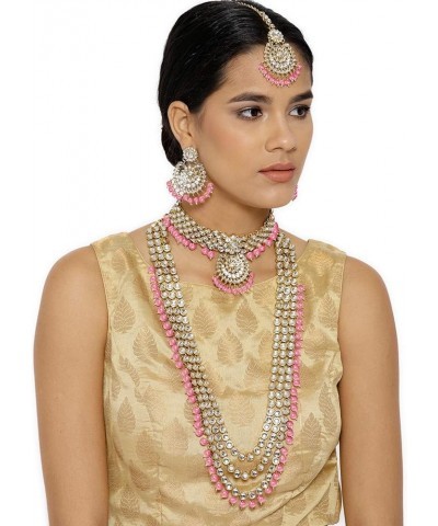 Traditional Gold Plated Kundan Pearl Wedding Choker Necklace Set Earrings & Maang Tikka for Women (IJ325) Pink 1 $26.40 Jewel...