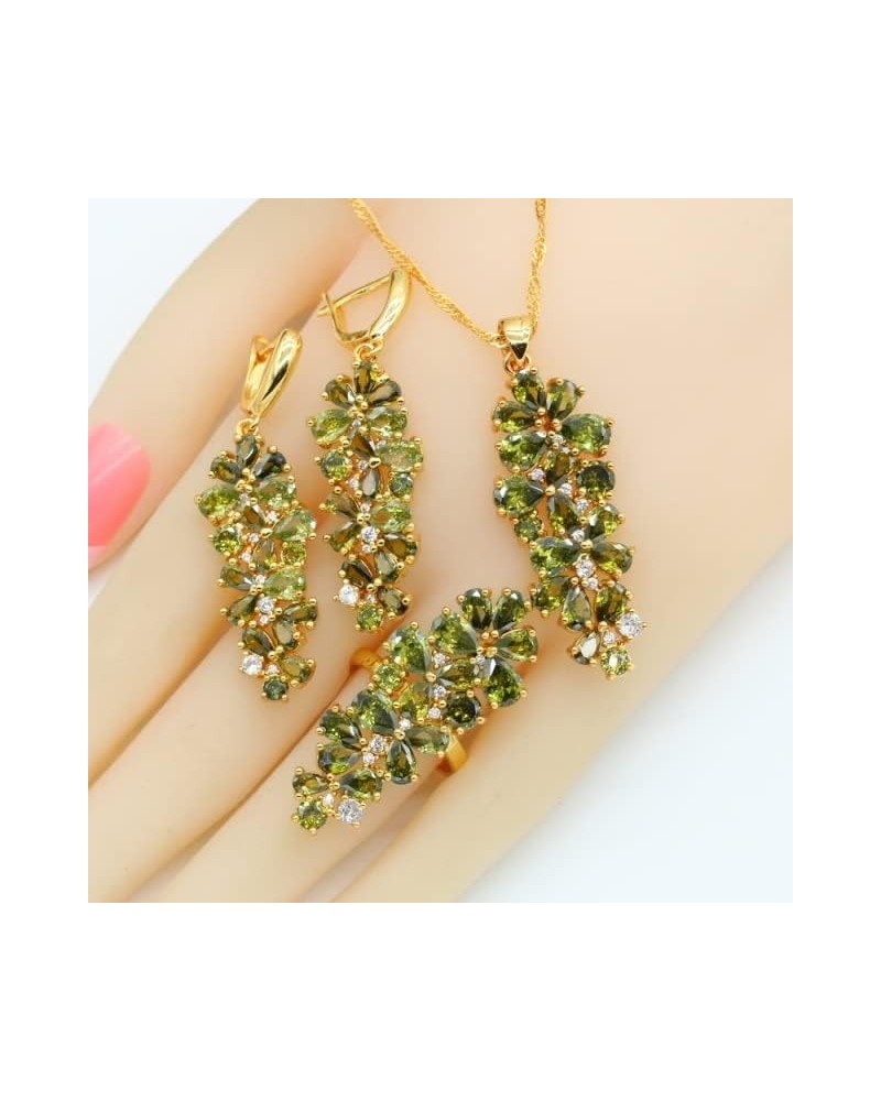 Luxury Green Peridot Gold Jewelry Sets for Women Earrings Necklace Pendant Ring Bracelet Christmas Birthday Gift 3pcs 10 $15....