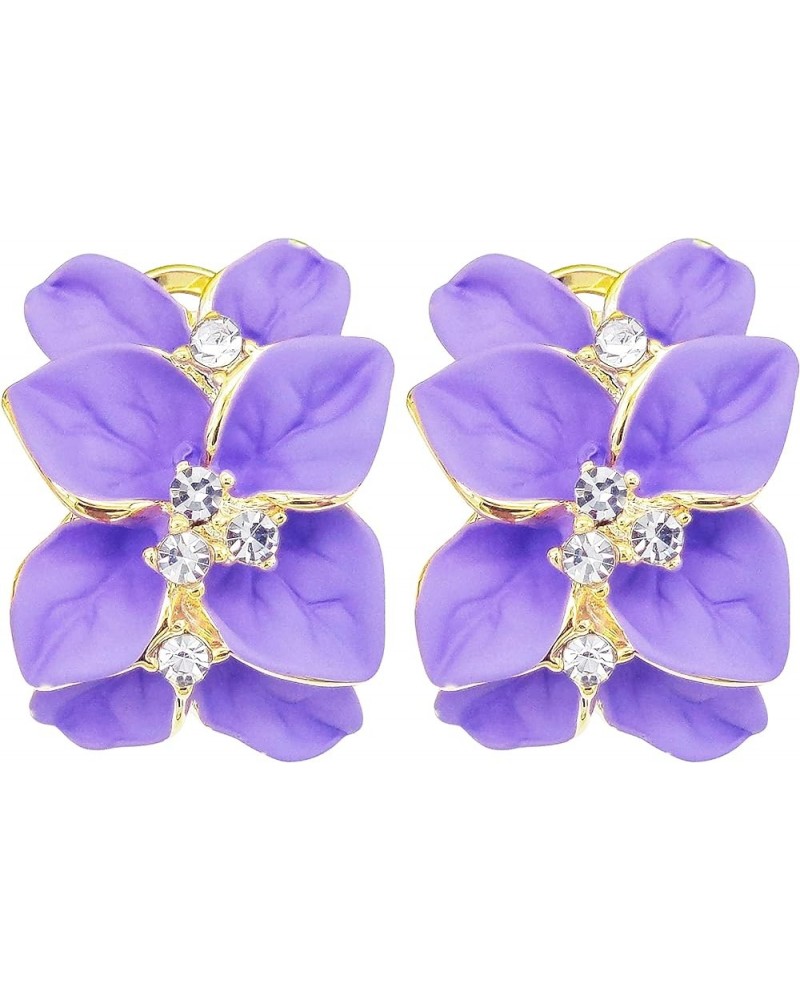 18k Gold Plated White Crystal colorful Enamel Leaves Flower Omega Back Earrings Light Purple $8.83 Earrings