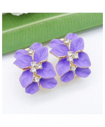 18k Gold Plated White Crystal colorful Enamel Leaves Flower Omega Back Earrings Light Purple $8.83 Earrings