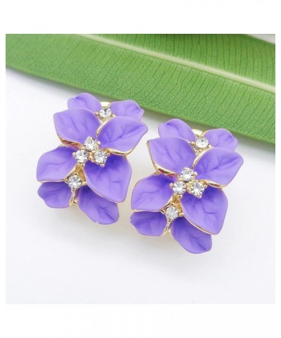 18k Gold Plated White Crystal colorful Enamel Leaves Flower Omega Back Earrings Light Purple $8.83 Earrings