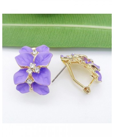 18k Gold Plated White Crystal colorful Enamel Leaves Flower Omega Back Earrings Light Purple $8.83 Earrings