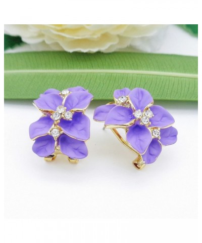 18k Gold Plated White Crystal colorful Enamel Leaves Flower Omega Back Earrings Light Purple $8.83 Earrings